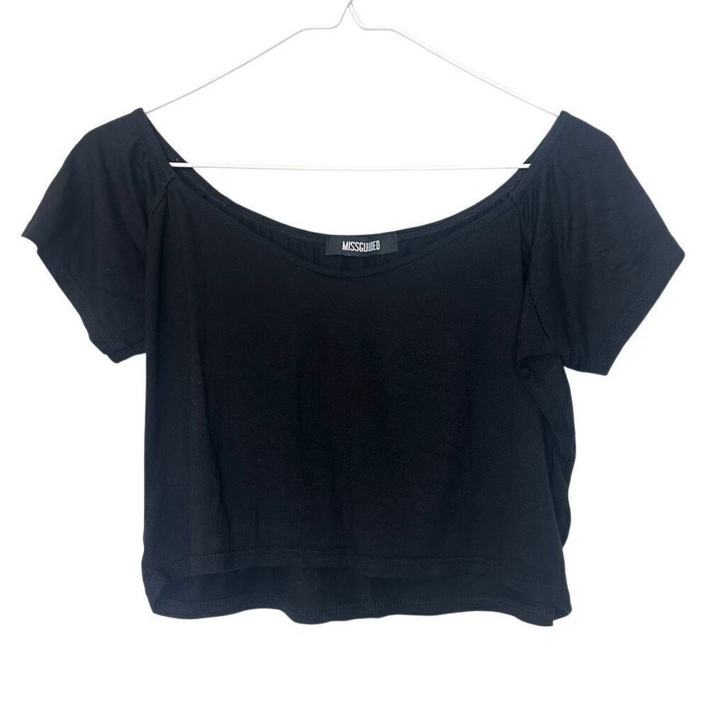 Missguided Short Sleeve Off The Shoulder Stretch Cropped Black Tee Size 10